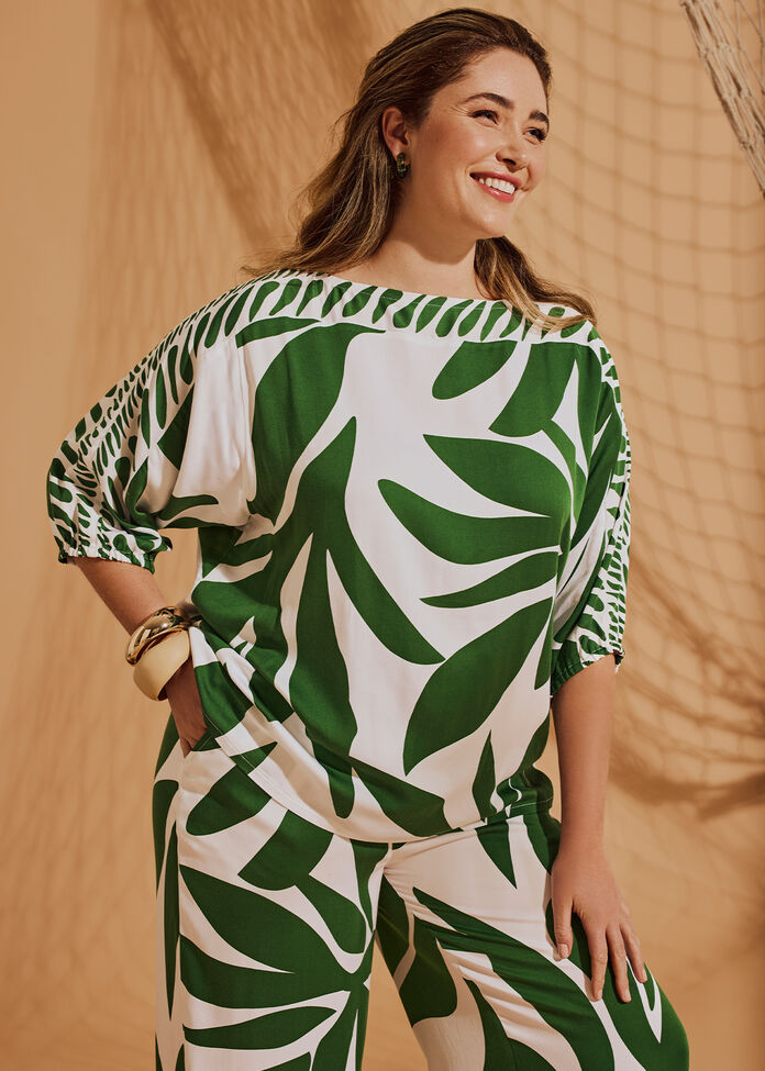 Natural Leaf Print Top, , hi-res