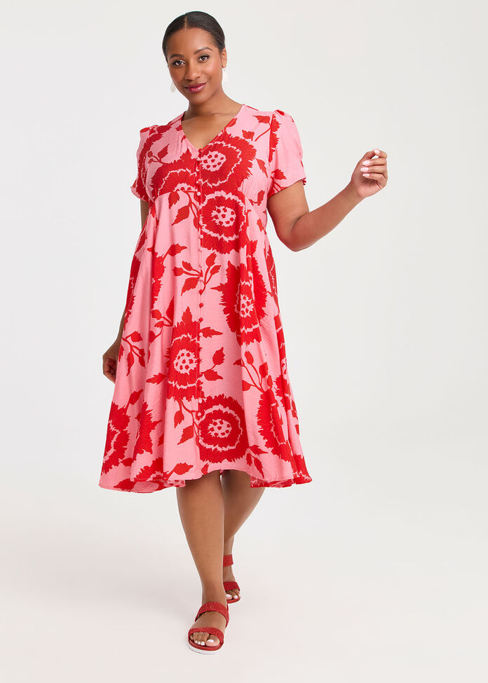 Natural Button Thru Flora Dress, , hi-res