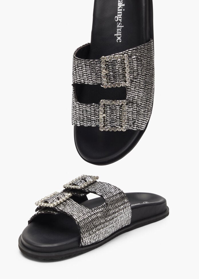 Raffia Slide Sandal, BLACK, hi-res