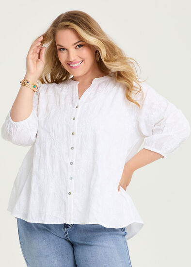 Plus Size Cotton Embroidery Button Top
