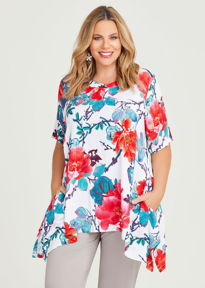 Shop Plus Size Floral Natural Tunic in Red | Sizes 12-30 | Taking Shape NZ