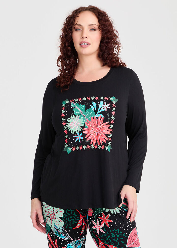 Shop Plus Size Bamboo Floral Fiesta Pyjama Top, Black | Taking Shape NZ
