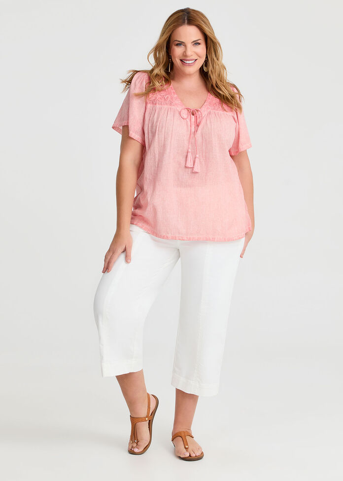 Cotton Embroidery Yoke Top, , hi-res