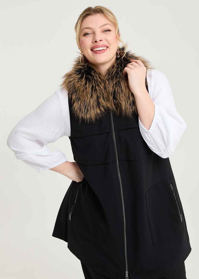 Fur Collar Bamboo Ponte Vest, , hi-res