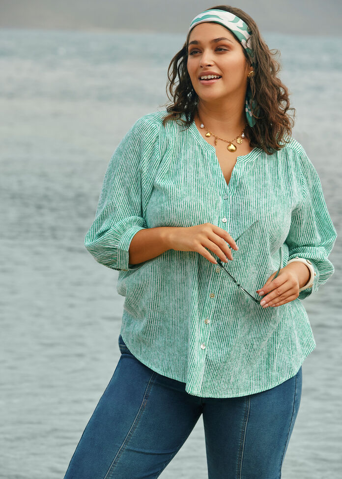 Cotton Stripe Button Top, , hi-res
