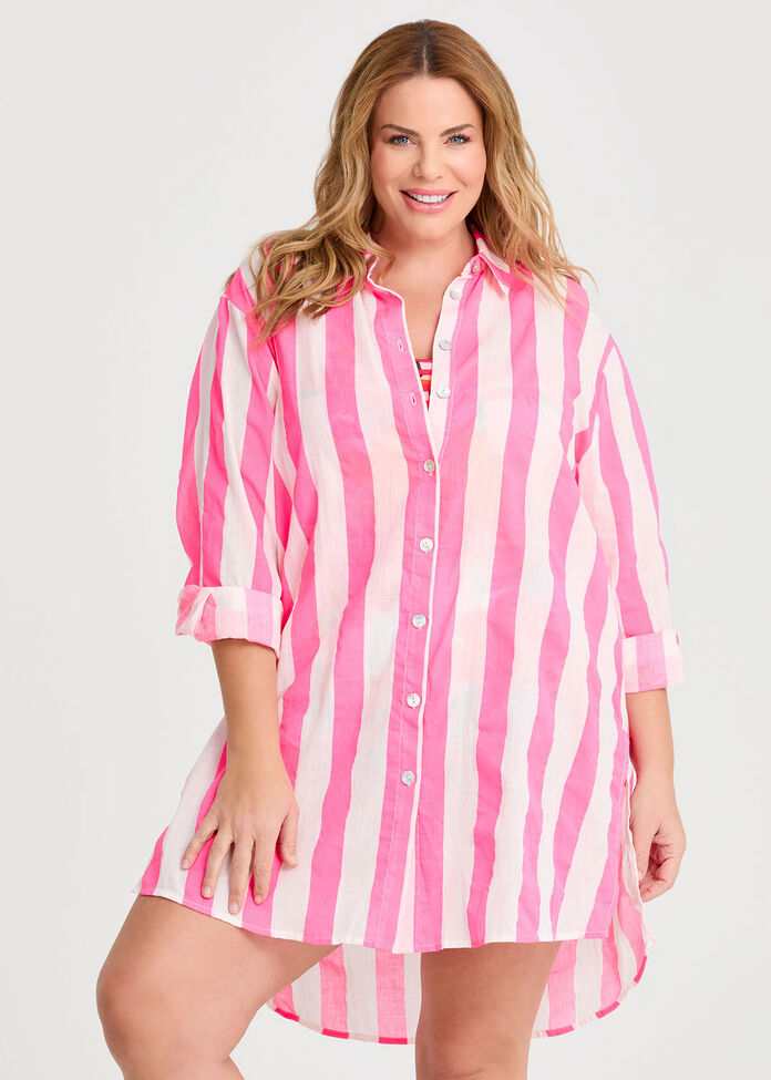 Cotton Bold Stripe Beach Shirt, , hi-res