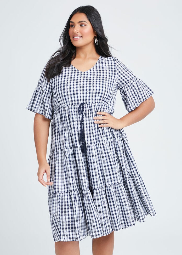 Cotton Gingham Tiered Dress, , hi-res
