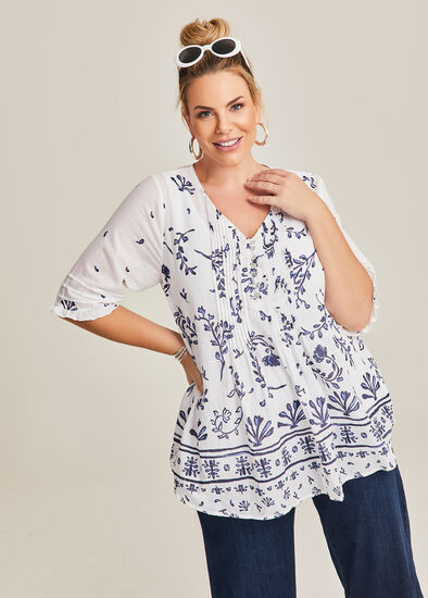 Plus Size Cotton Border Print Pintuck Top