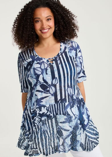 Plus Size Mesh Trim Slub Knit Crush Tunic