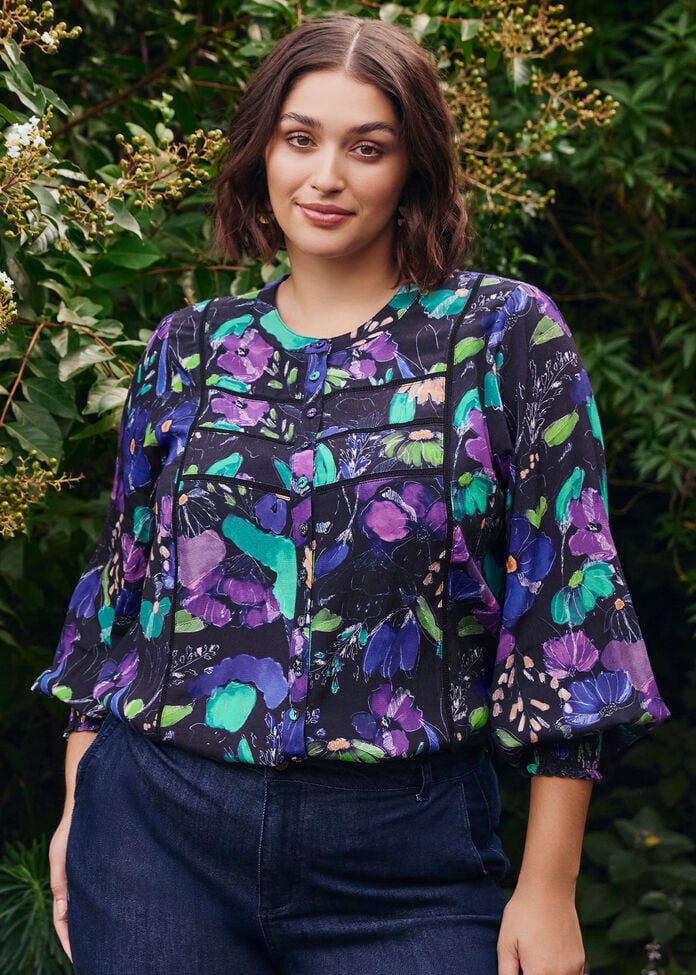 Natural Etched Floral Button Top, , hi-res