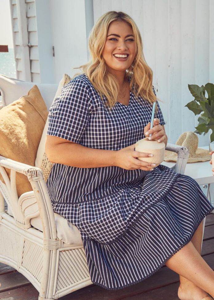 Cotton Stripe Gingham Dress, , hi-res
