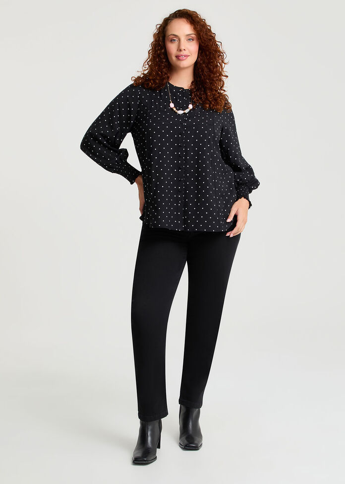 Polka Dot Shirred Cuff Button Top, , hi-res