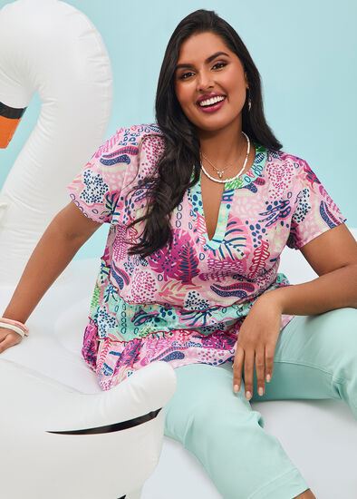 Plus Size Cotton Print Mix Tiered Top