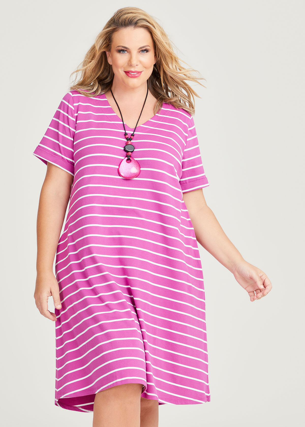 Shop Plus Size Cotton V neck Stripe Dress in Purple Taking Shape AU