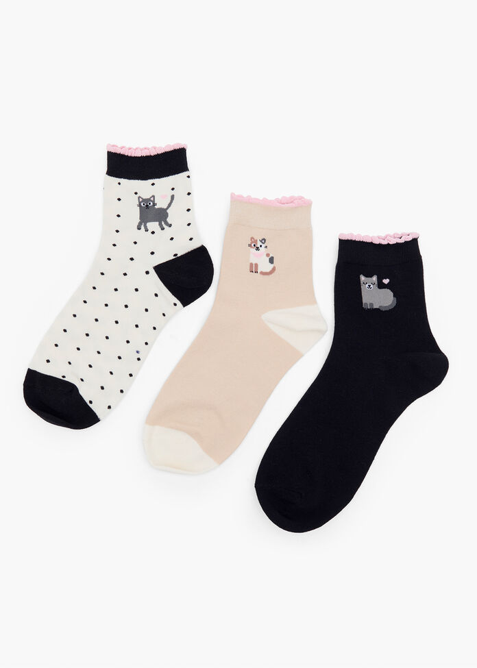 3 Pack Cotton Cat Socks, , hi-res