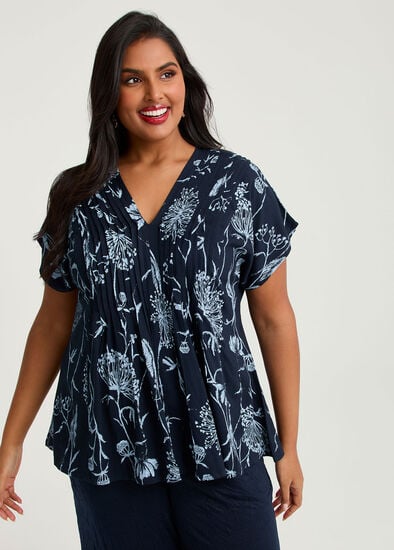 Plus Size Floral Pintuck Natural Top