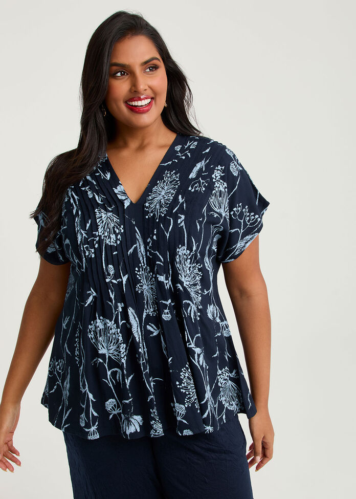 Floral Pintuck Natural Top, , hi-res