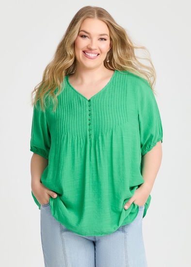 Plus Size Natural V-neck Pintuck Top