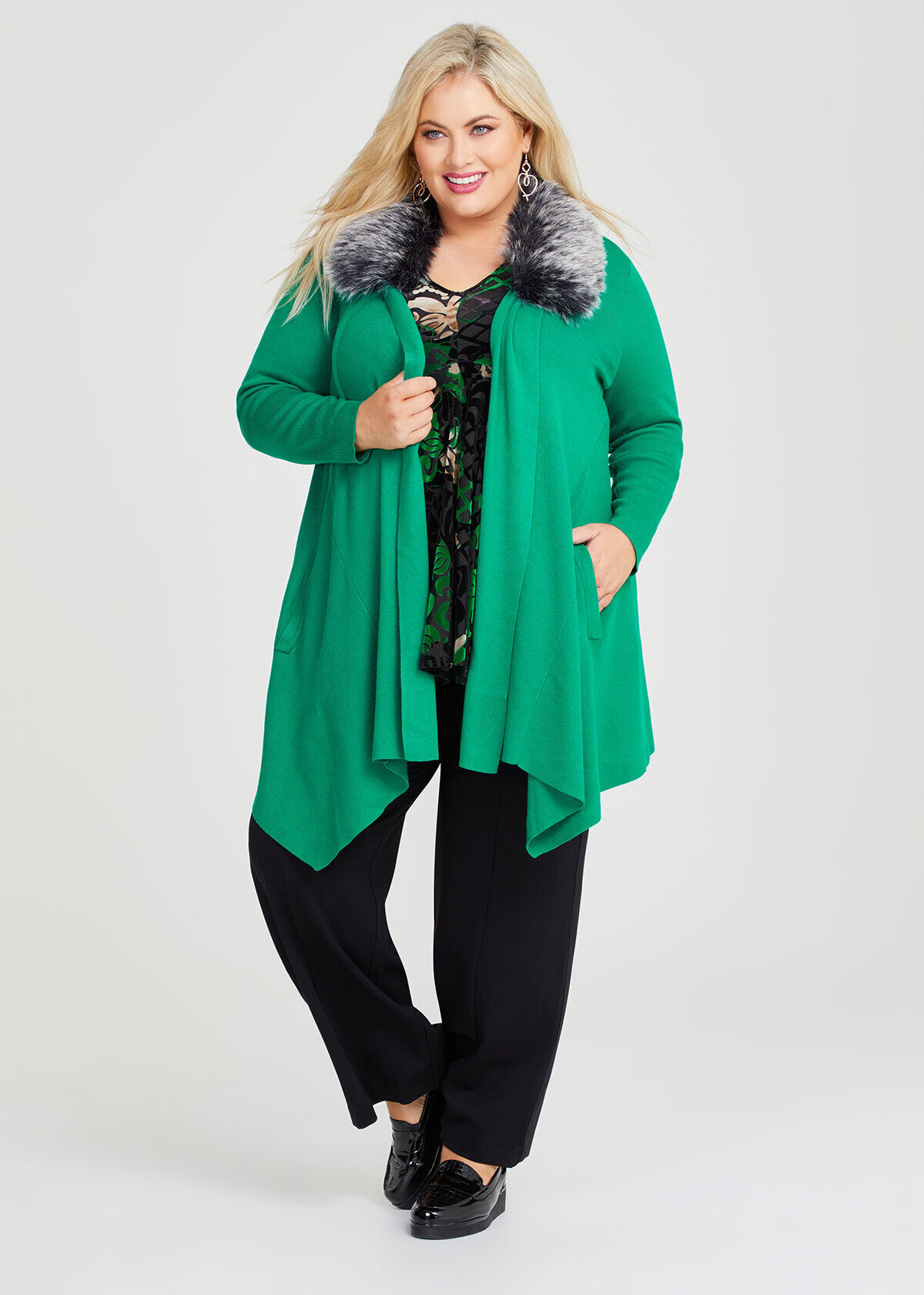 Shop Plus Size Glamour Faux Fur Collar Bamboo Cardigan in Green Taking Shape AU