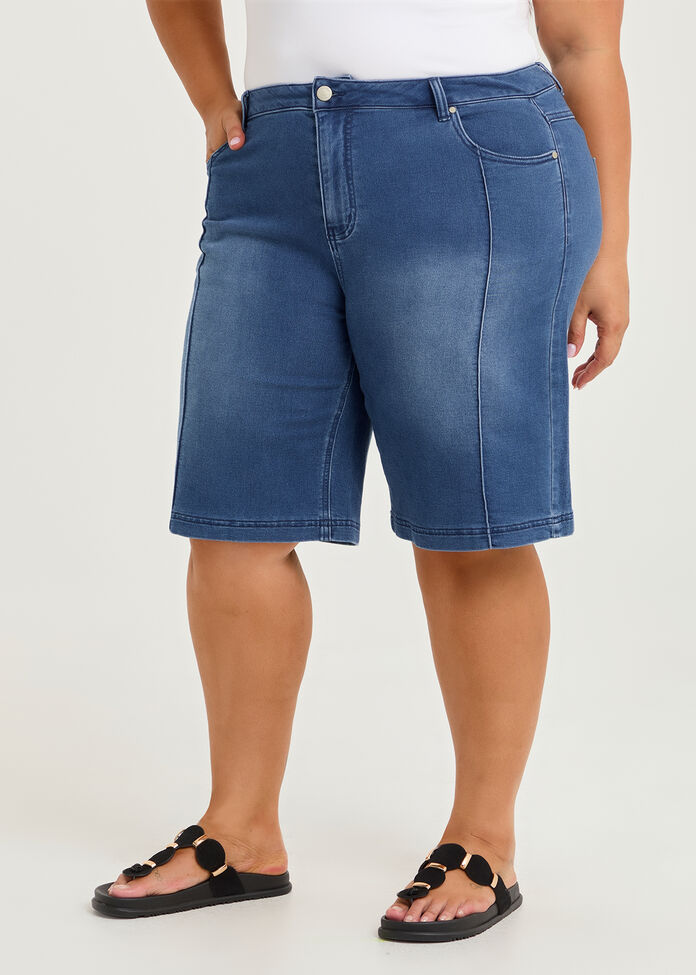 Cotton Blend Seam Front Denim Short, , hi-res