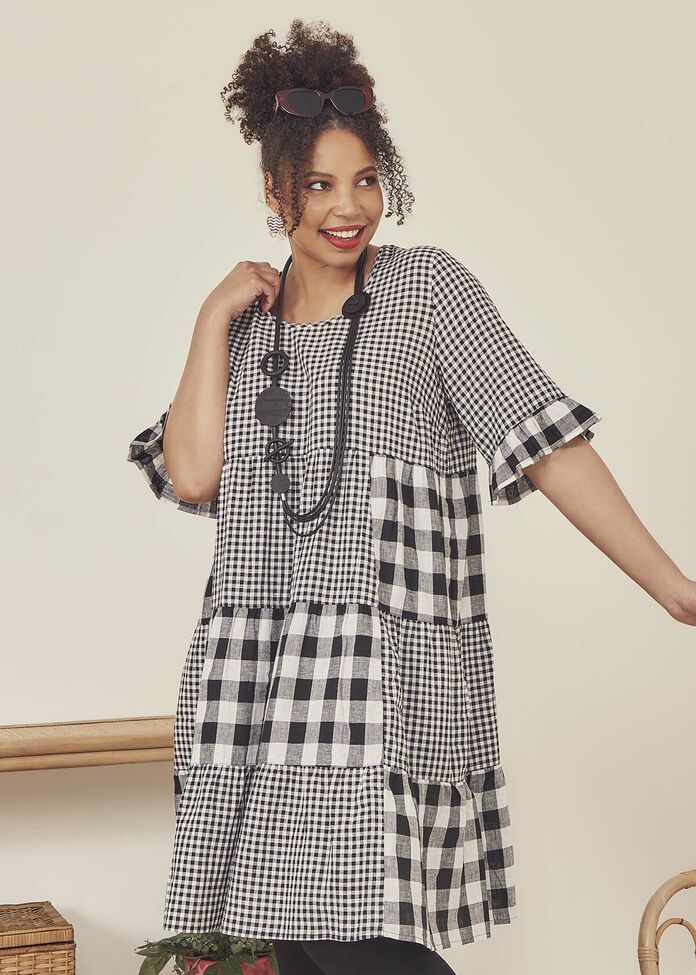 Linen Check Mate Tiered Dress, , hi-res