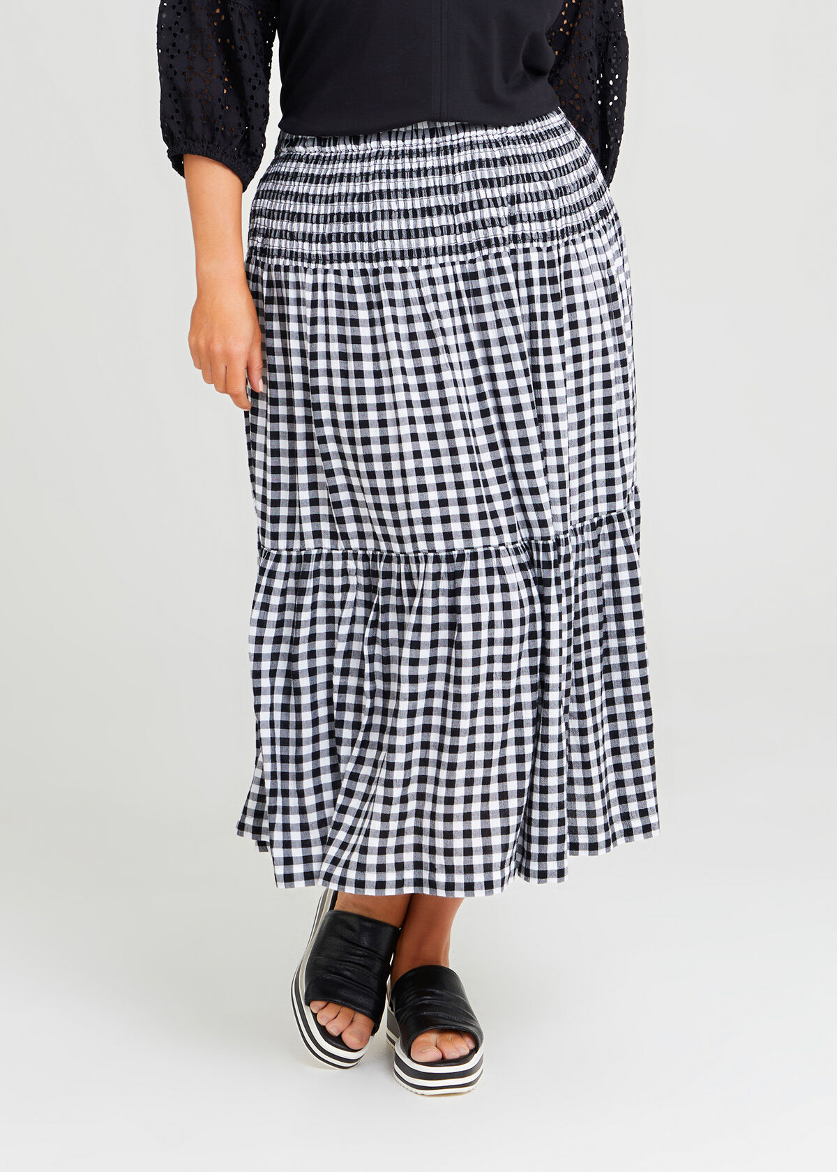 Shop Plus Size Natural Gingham Shirred Skirt in Black Taking Shape NZ