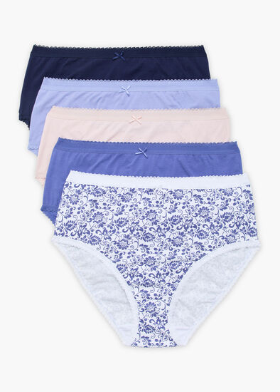 Plus Size 5 Pack Cotton Blue Floral Briefs