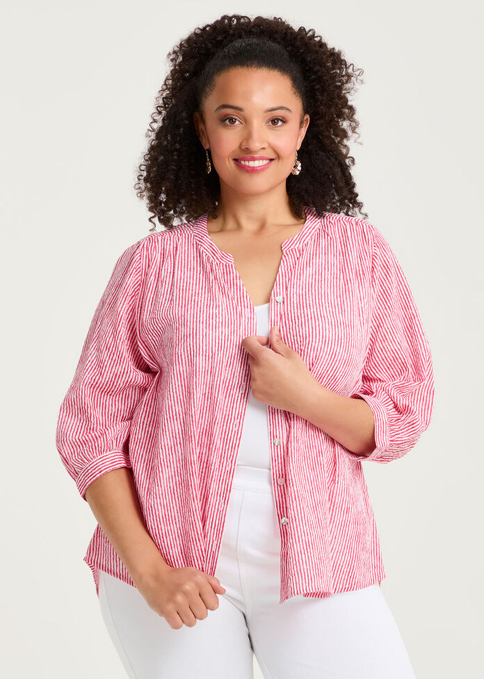 Cotton Stripe Button Top, , hi-res