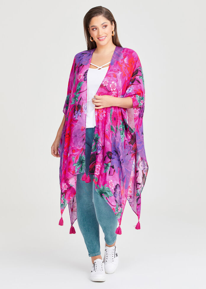 Floral Printed Cape Kimono, , hi-res