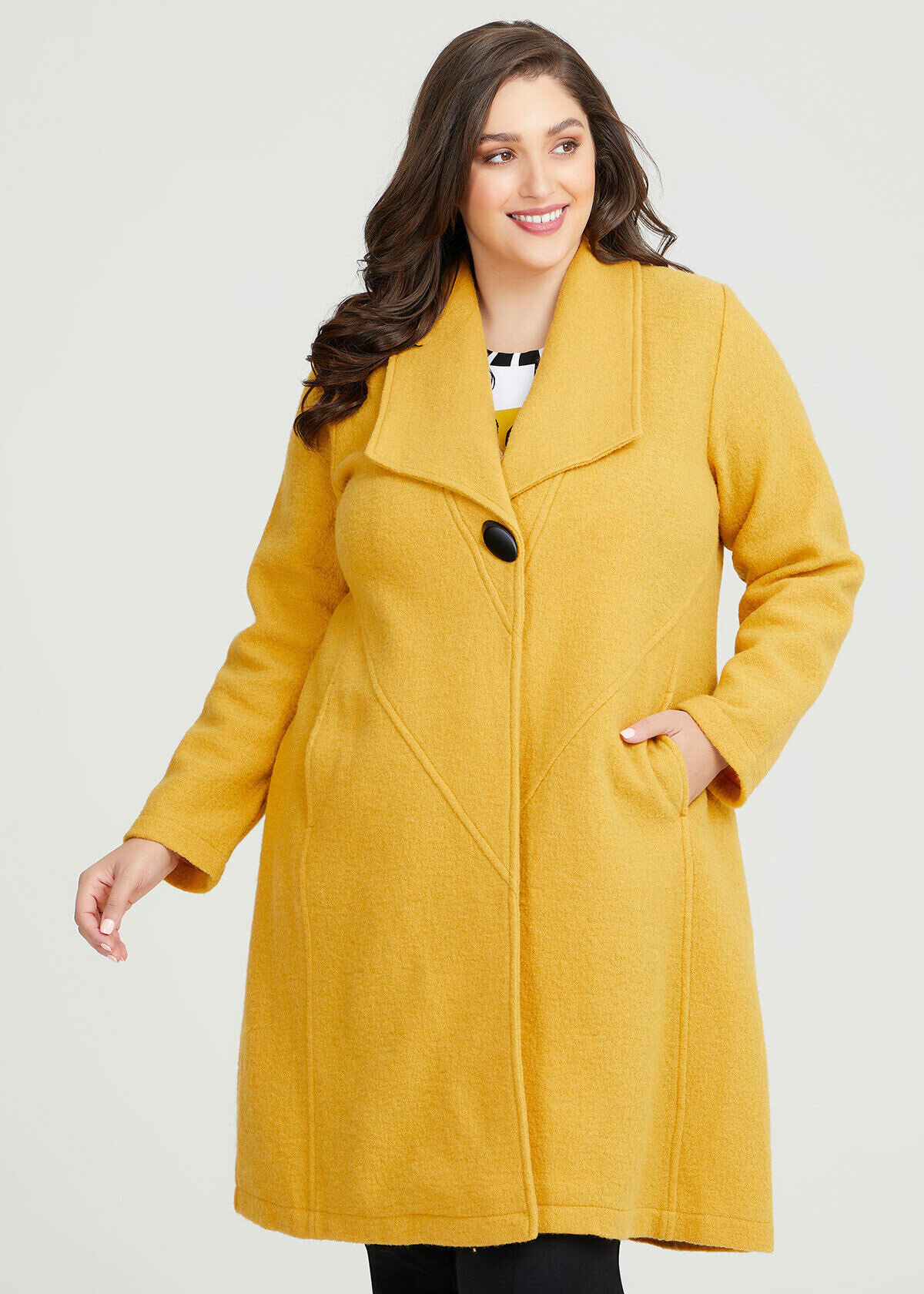 Shop Plus Size Panel Detail Boiled Wool Coat in Yellow Taking Shape AU