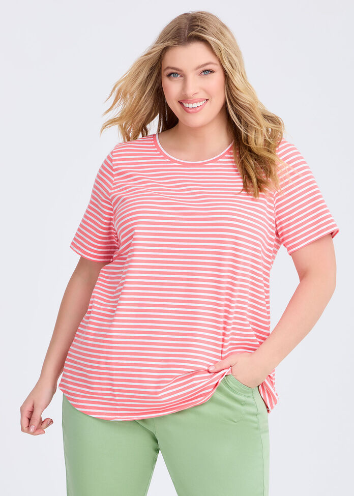 Good Earth Australian Cotton Stripe T-shirt, CAMELLIA/WHITE, hi-res