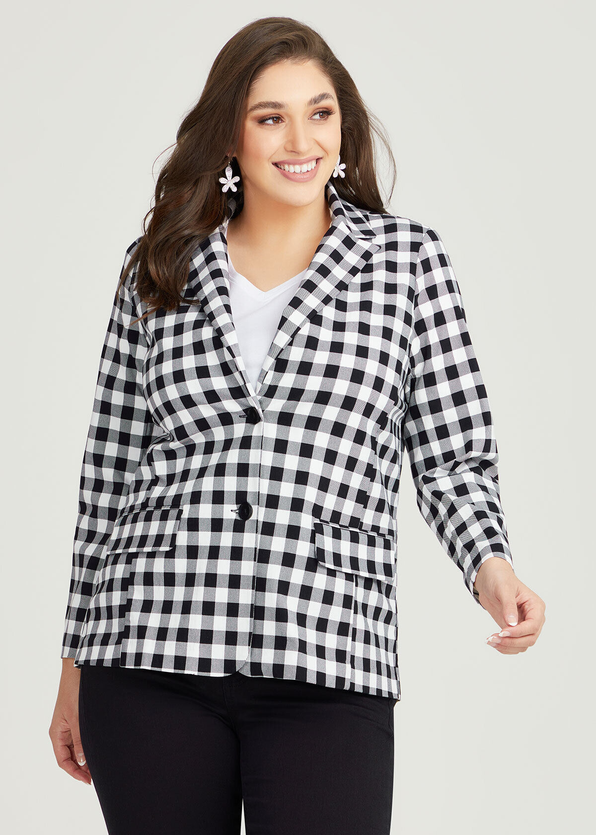 Shop Plus Size Stretch Gingham Relaxed Blazer in Black Taking
