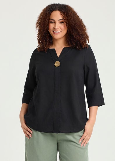 Plus Size Cotton Linen Button Detail Top