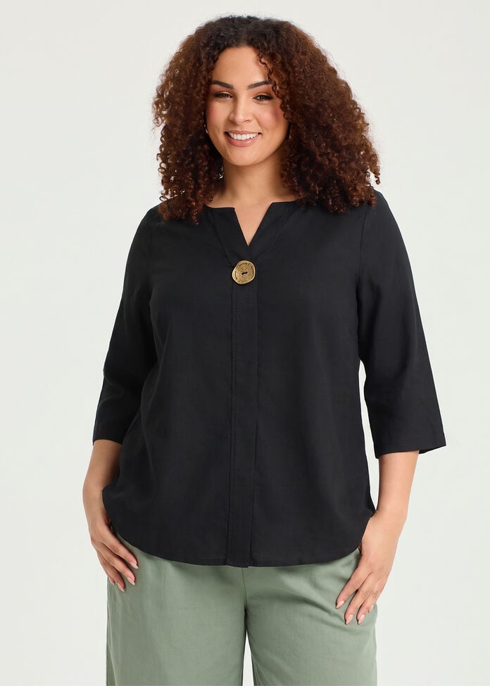 Cotton Linen Button Detail Top, , hi-res