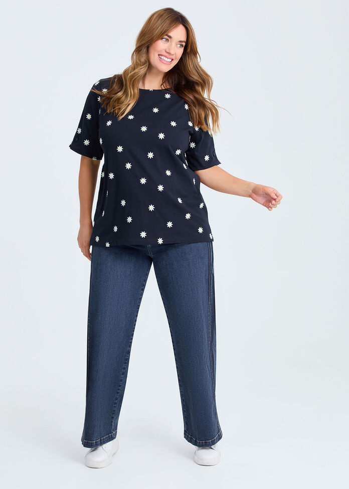 Cotton Embroidery Daisy T-shirt, , hi-res
