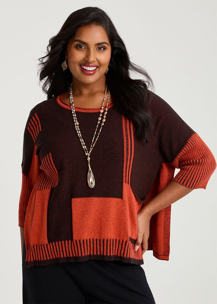 Spliced Stripe Cotton Knit Jumper, BLACK/ORANGE, hi-res