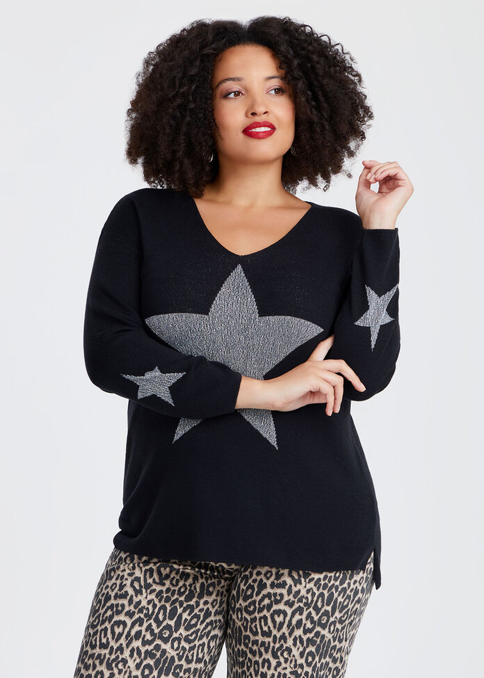 Lurex Star V-neck Jumper, , hi-res