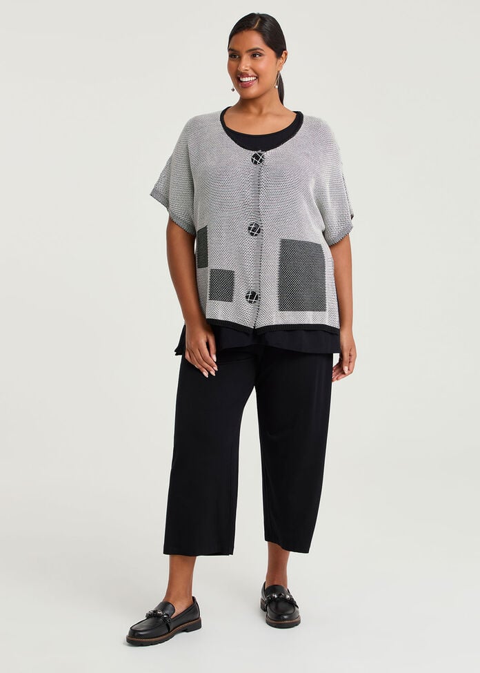 Square Cotton Modal Knit Cardigan, BLACK/BEIGE, hi-res