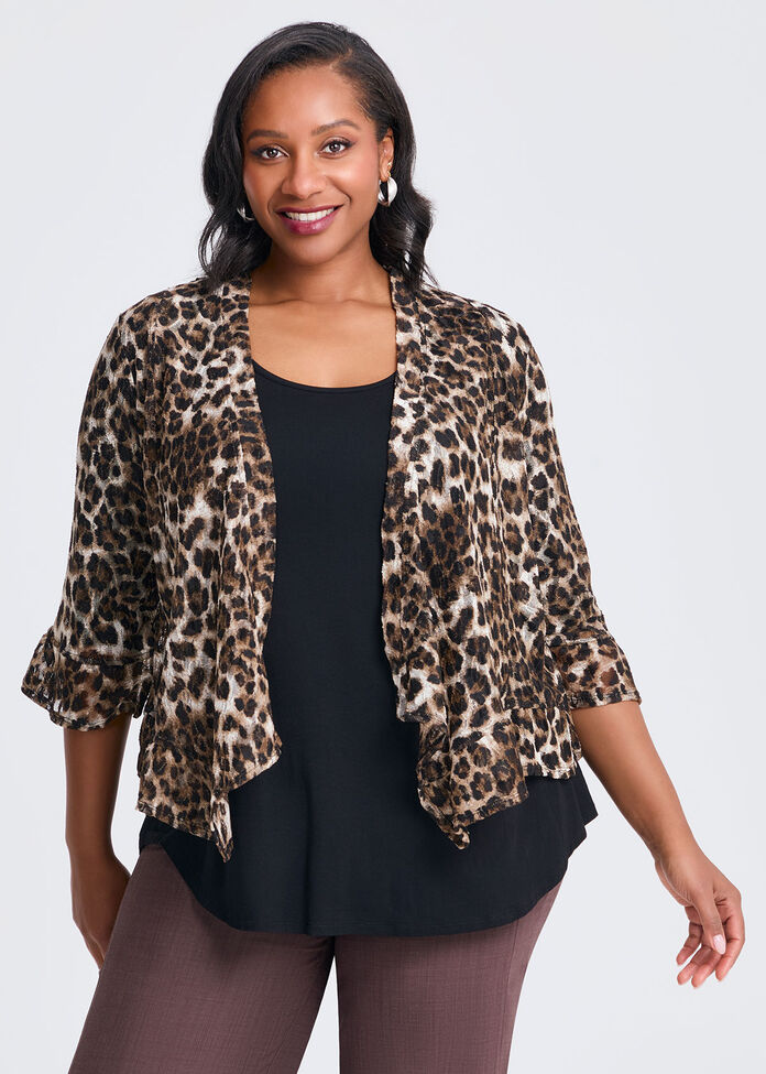 Animal Ruffle Trim Cardigan, , hi-res