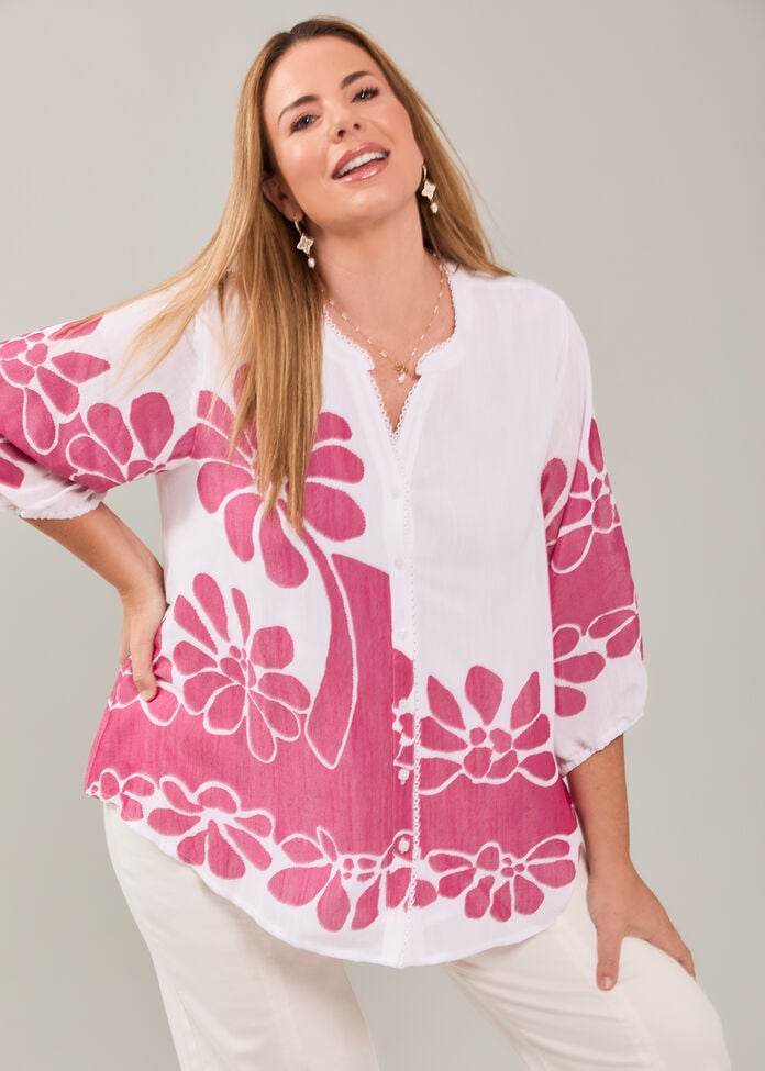 Natural Floral Button Top, WHITE/RASPBERRY PINK, hi-res
