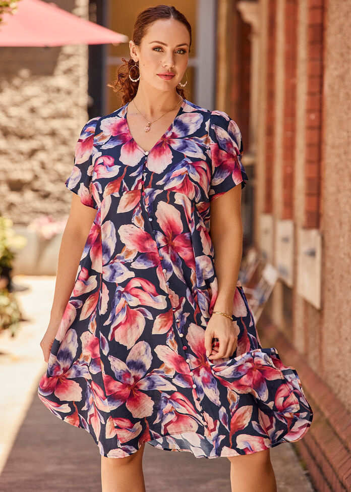 Natural Bloom Button Thru Dress, PRINT, hi-res