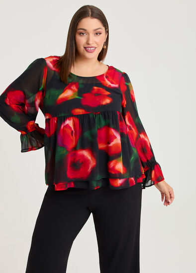 Plus Size Red Rose Chiffon Top
