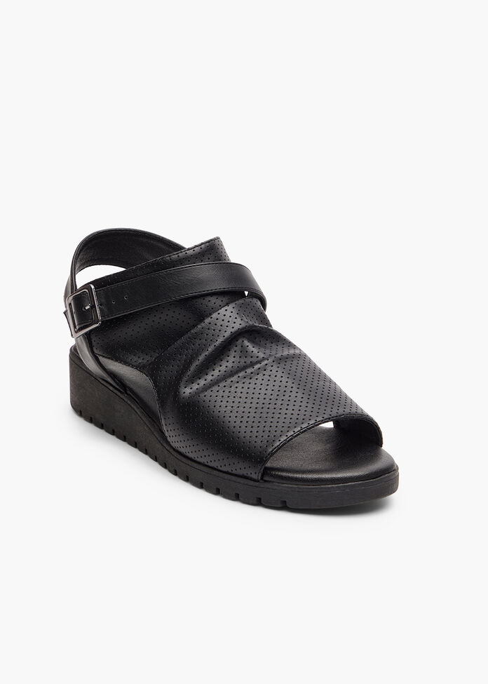 Ruched Buckle Wedge Sandal, BLACK, hi-res
