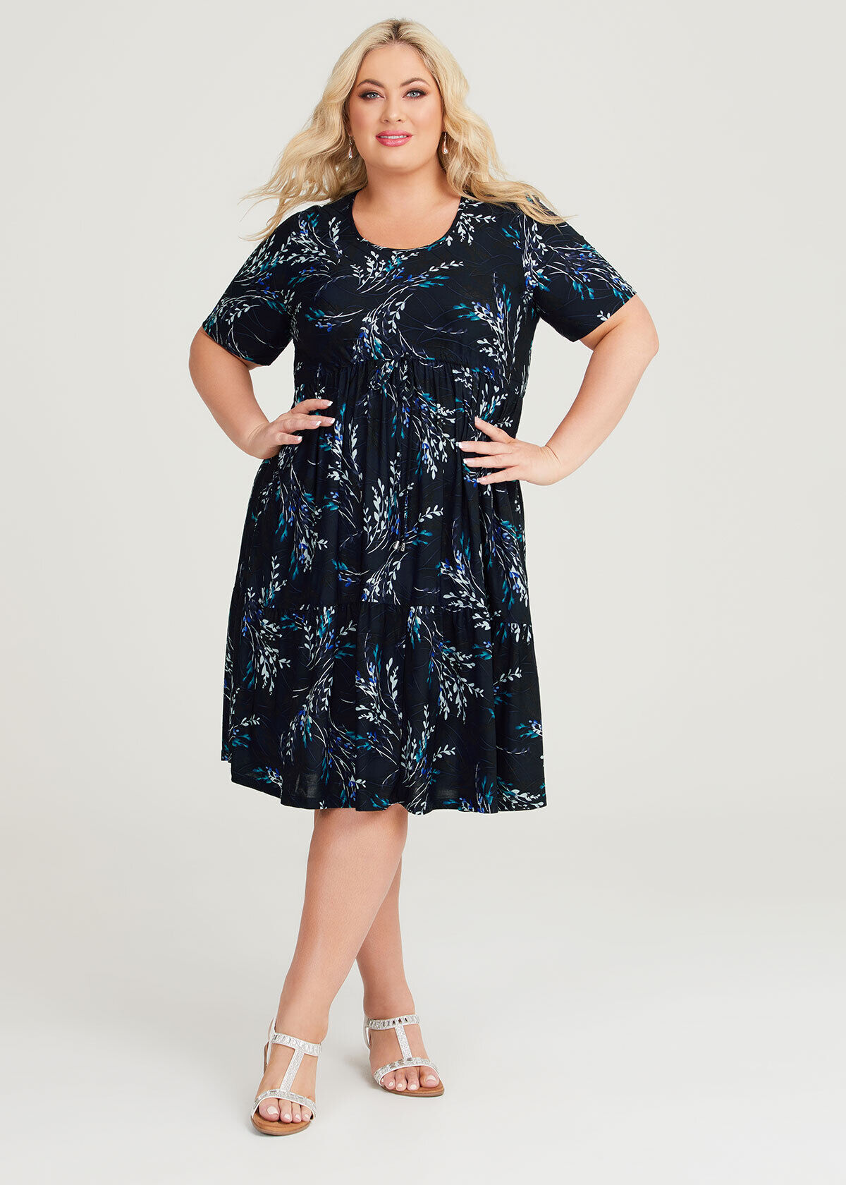 Shop Plus Size Drawstring Luna Print Dress in Blue Sizes 12 30