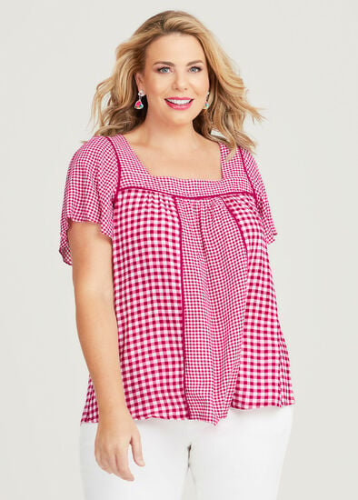 Plus Size Natural Spliced Gingham Top