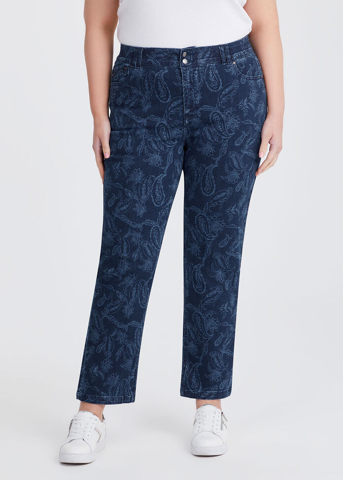 Denim Floral Slim Leg Jean, , hi-res