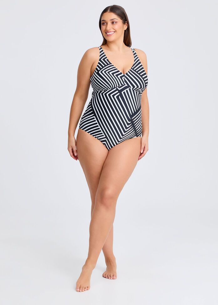 Stripe Ruched One Piece Swimsuit, , hi-res