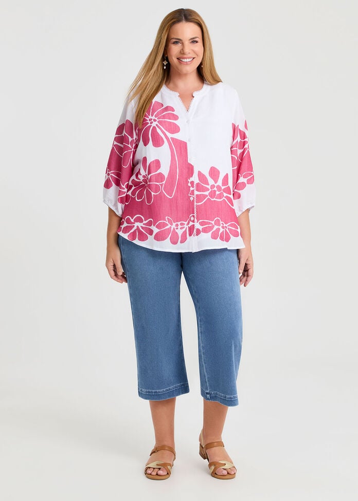 Natural Floral Button Top, WHITE/RASPBERRY PINK, hi-res
