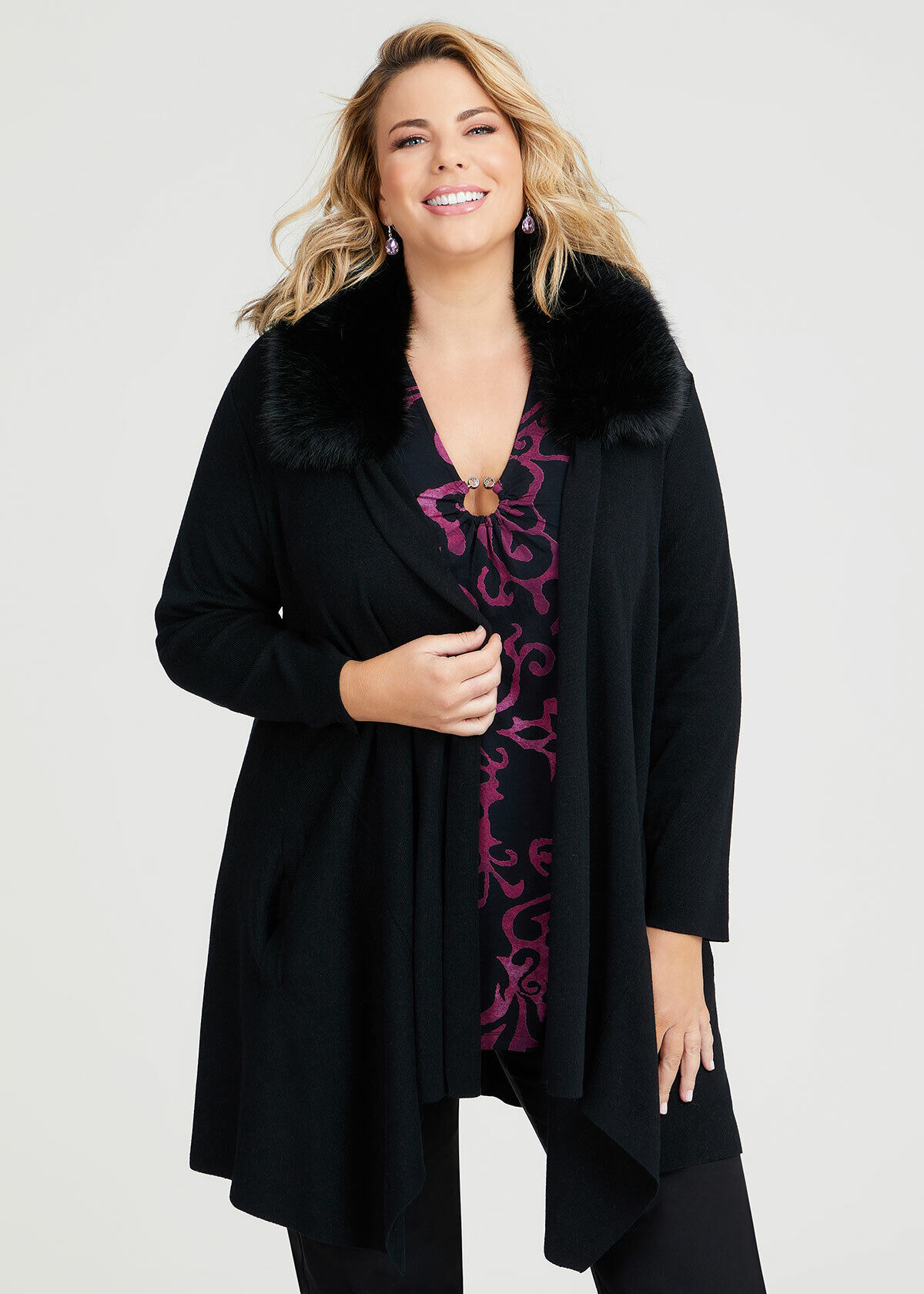 Shop Plus Size Glamour Fur Collar Bamboo Cardigan in Black