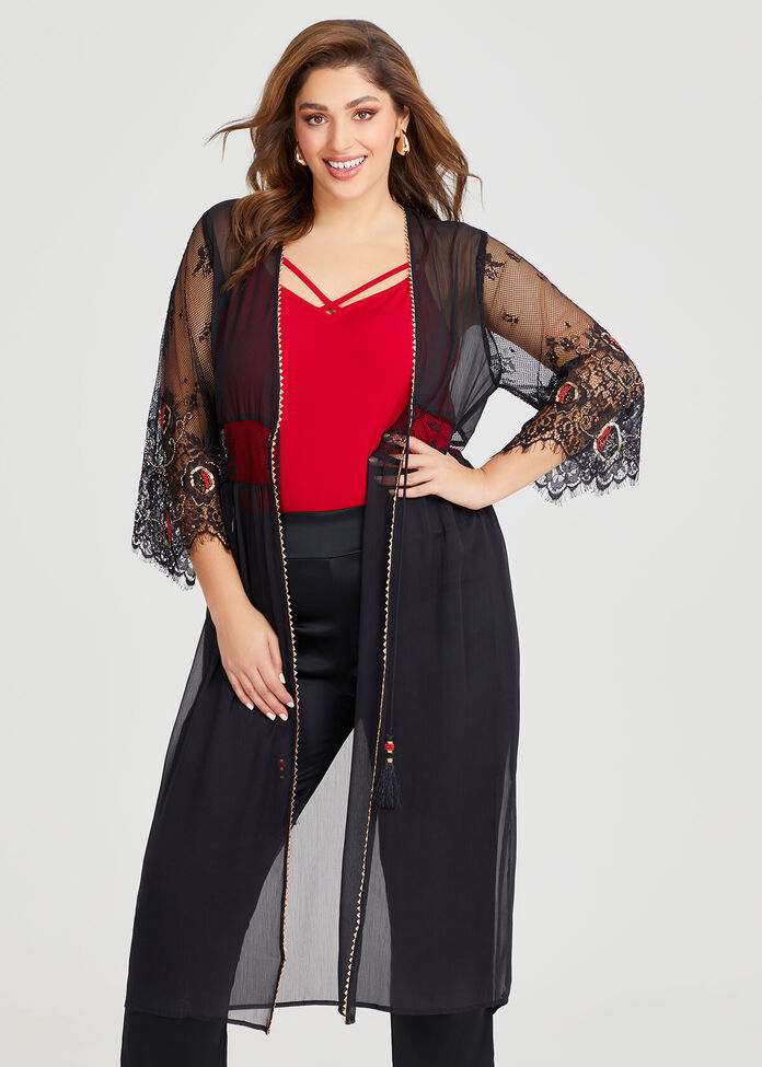 Shop Plus Size Allegra Embroidered Lace Kimono in Black Sizes 1230